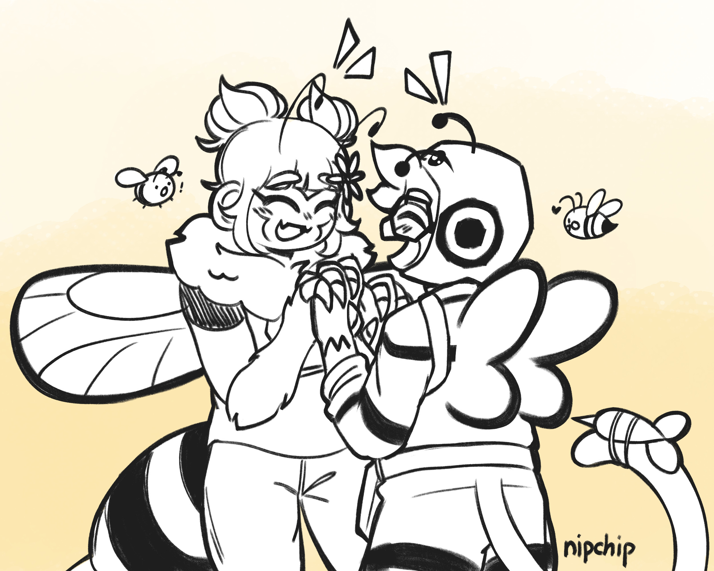 Beesalia and Beetienne clasping both their hands together and smiling joyfully at each other. Their little bee buddies are hovering next to them.